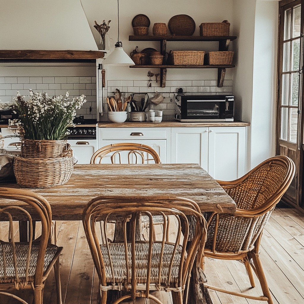 Country kitchen with rattan chairs and woven baskets for a cozy, rustic look.