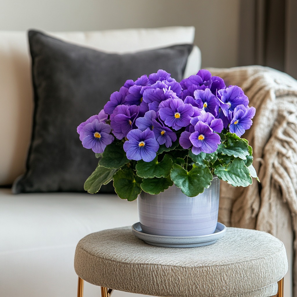 African violet with vibrant purple blooms, safe for pets.