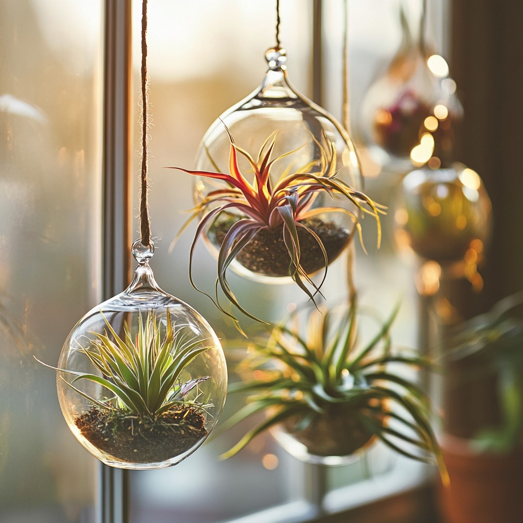 Pet-friendly air plants in hanging glass terrariums by a bright window.