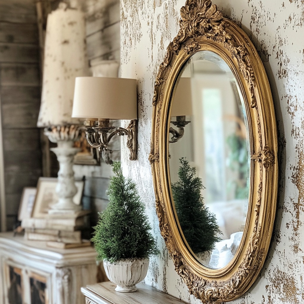 Country kitchen wall with an antique mirror in a distressed gold frame.