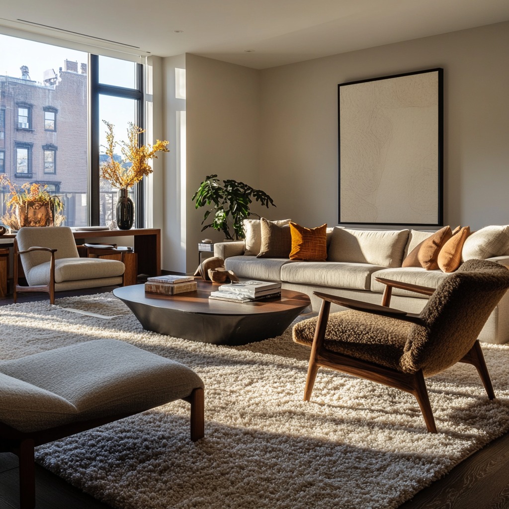 A living room with a large, soft area rug beneath the sofa and chairs, anchoring the seating area. The rug adds warmth and texture to the room.

