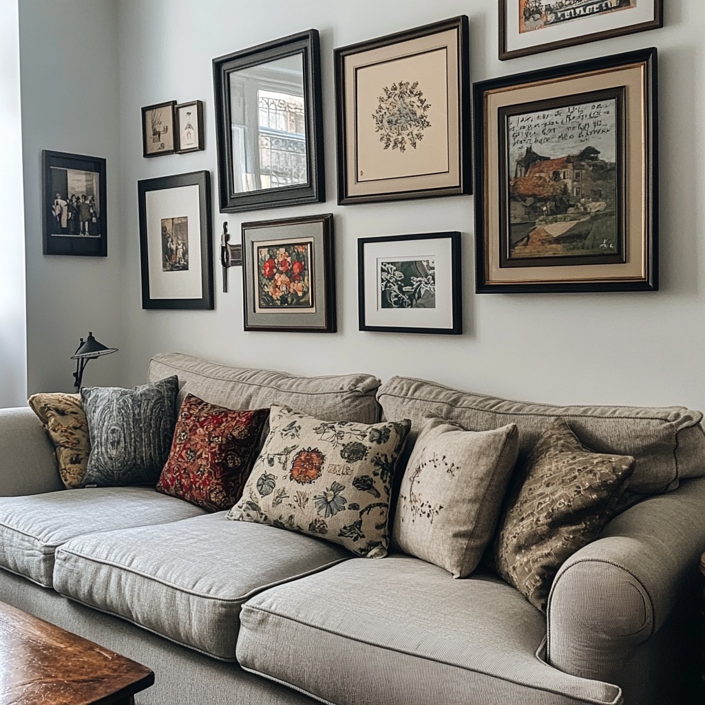 A gallery wall above a sofa, featuring a mix of framed artwork, family photos, and wall decor to create a personalized, stylish focal point.

