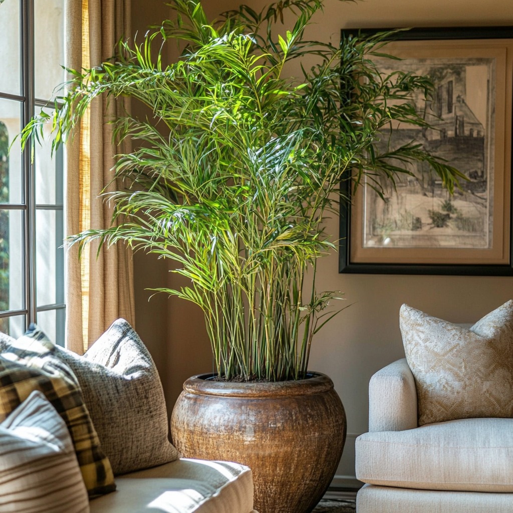 bamboo palm in a decorative pot, adding tropical greenery to the room.