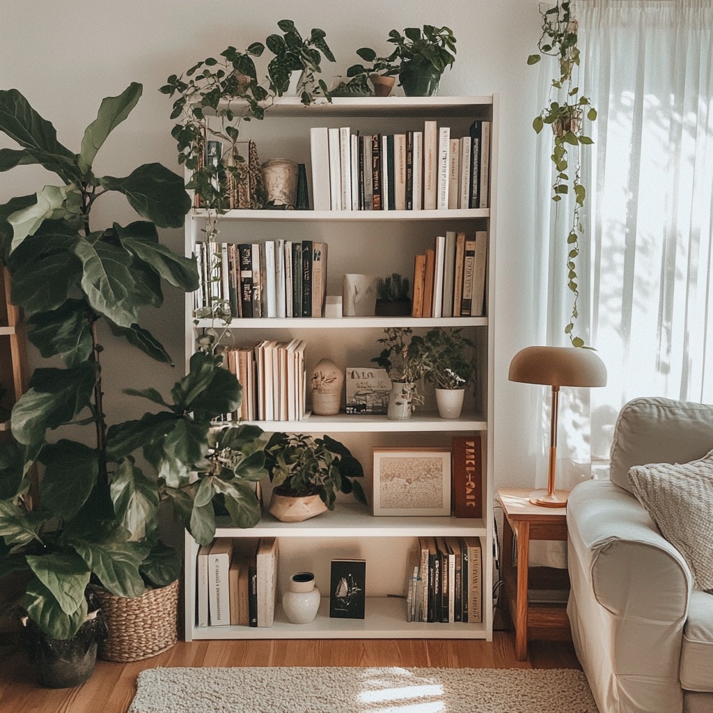 A stylish bookshelf in a living room, filled with books, potted plants, and small decor pieces. The shelving adds height and dimension to the room.

