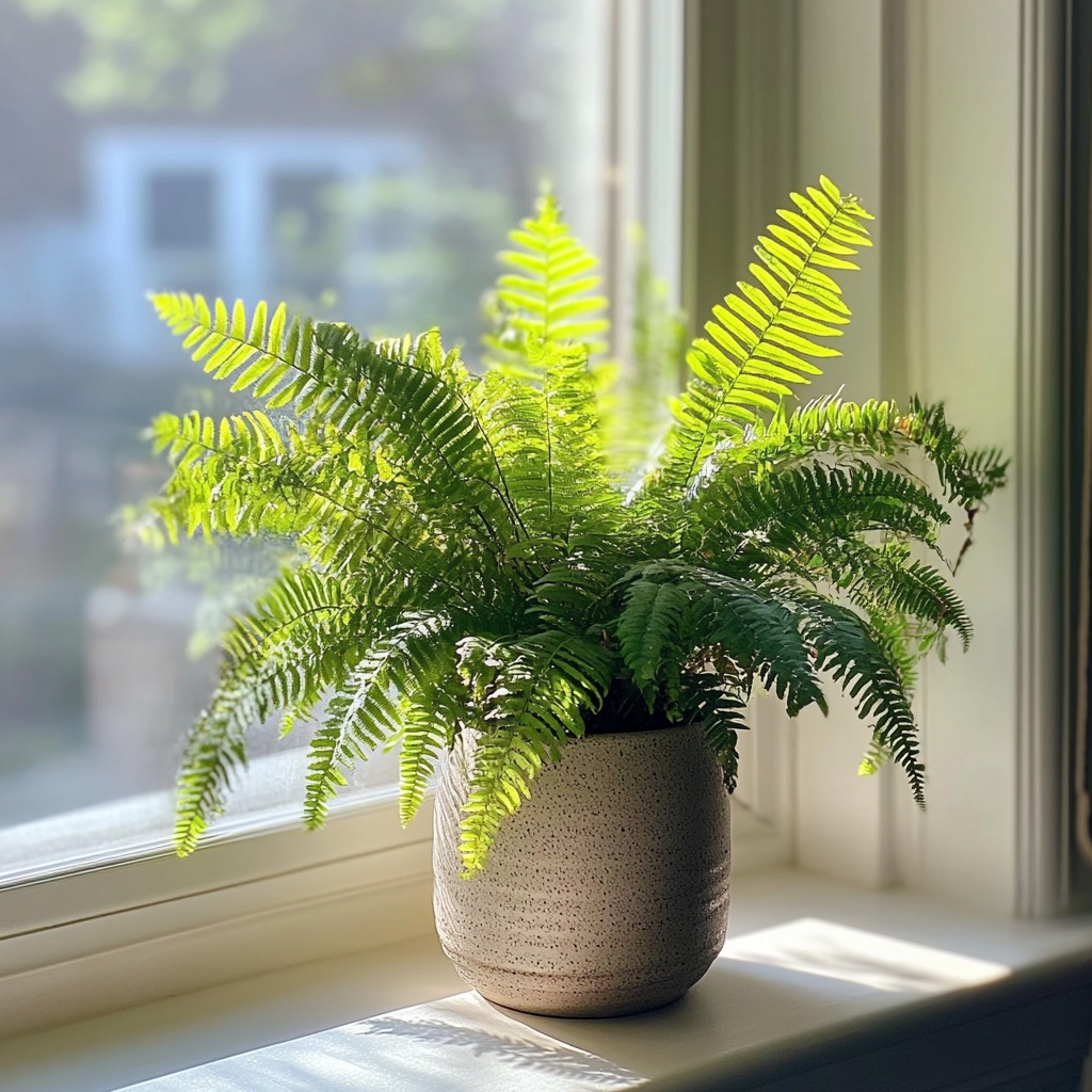 Pet-friendly Boston fern on a windowsill with delicate green fronds.