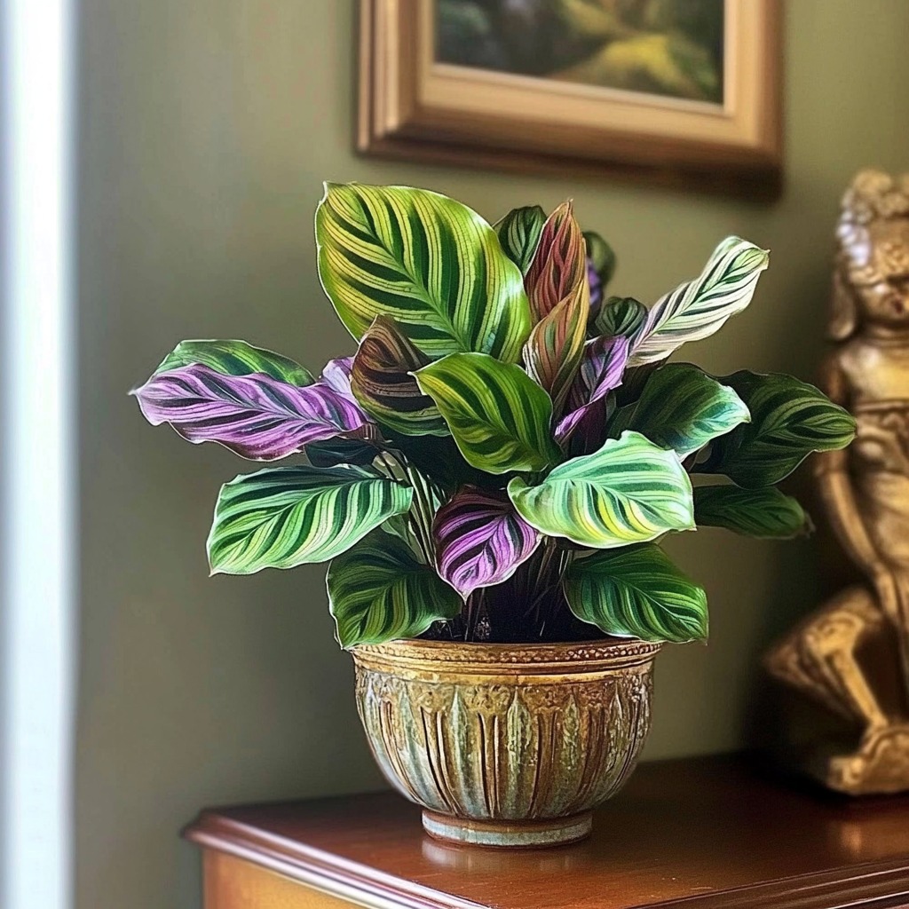 Calathea plant with large patterned green and purple leaves.