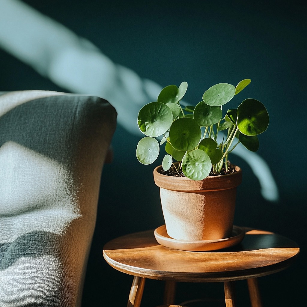 Chinese money plant with round leaves in a terracotta pot.