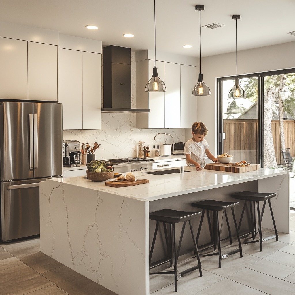 A modern family kitchen with durable quartz countertops, featuring a child helping with meal prep. The kitchen has easy-to-clean tile flooring and soft lighting.

