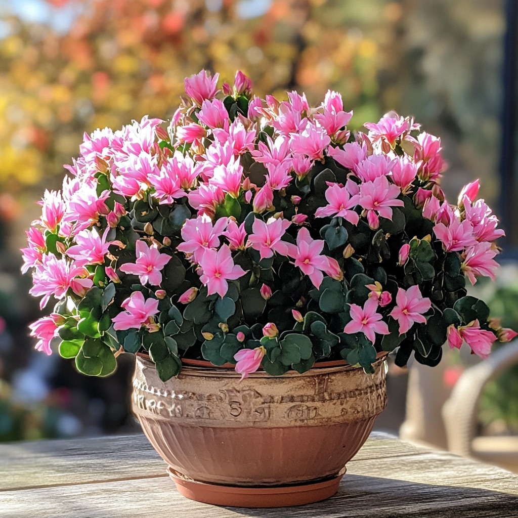 Christmas cactus with vibrant pink blooms, pet-safe and festive.