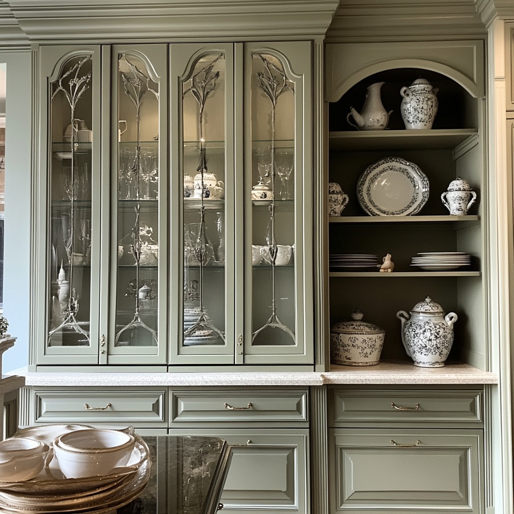 French Country cabinets with glass doors and intricate detailing in sage green.