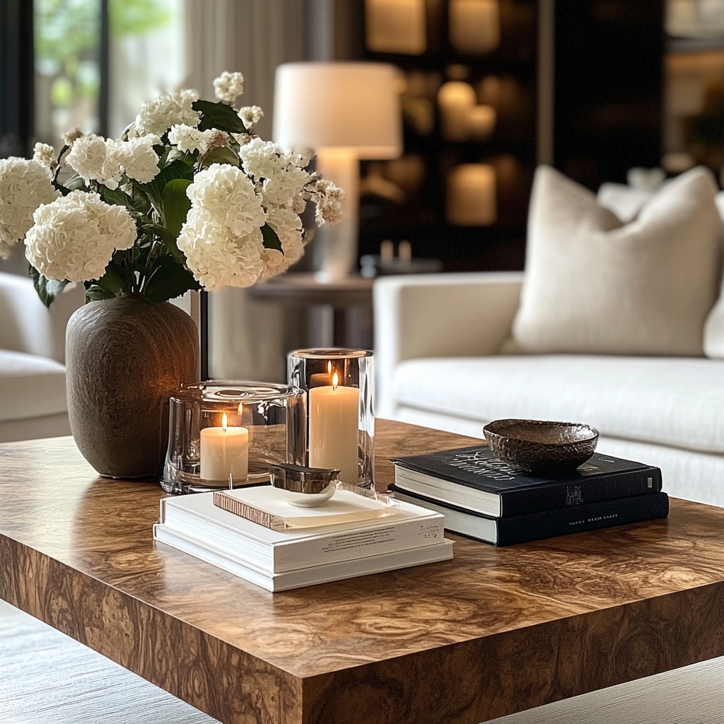 A stylish coffee table made of wood or glass, featuring a few decorative items like candles, a vase of flowers, and a stack of books, sitting between the sofa and chairs.

