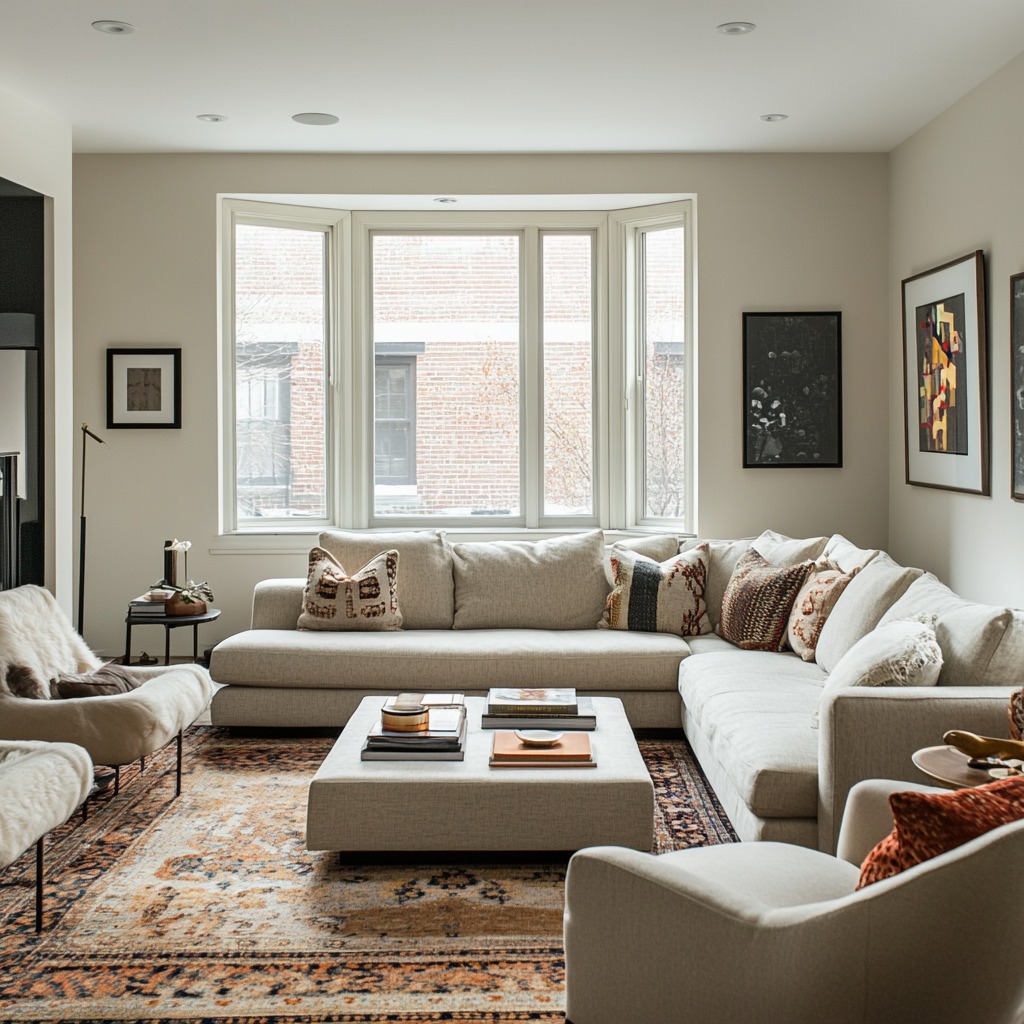 A cozy living room with a plush sectional sofa and a couple of armchairs arranged around a central coffee table, creating a comfortable seating area.

