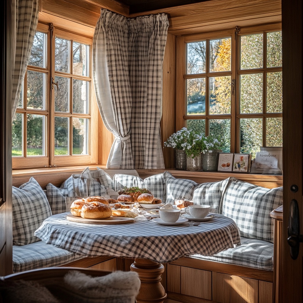 Cozy  Country breakfast nook with a round table, cushions, and a checkered tablecloth.