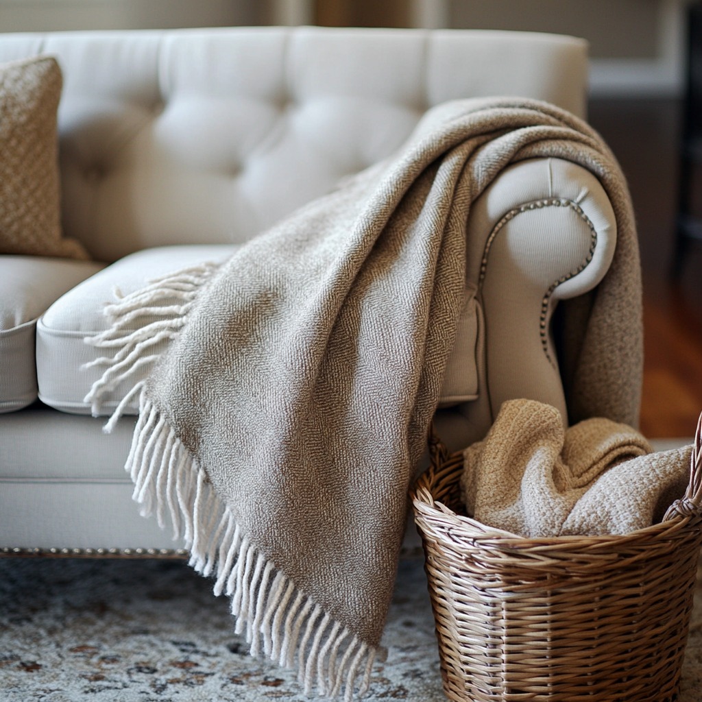 A cozy throw blanket draped over the back of a sofa, creating a welcoming atmosphere. A basket nearby holds additional throw blankets for guests.

