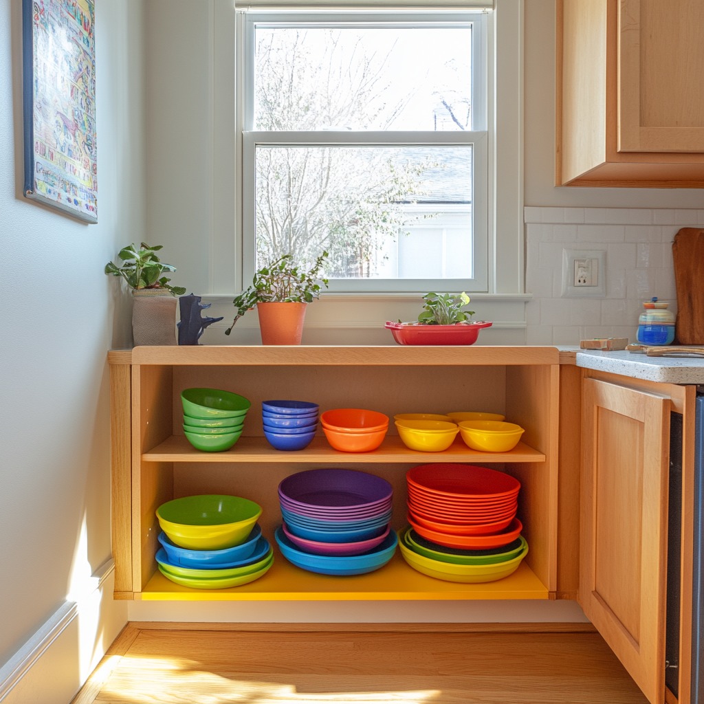 A cozy kitchen corner with a low, kid-accessible cabinet full of colorful plastic plates, cups, and bowls, allowing kids to help themselves easily.

