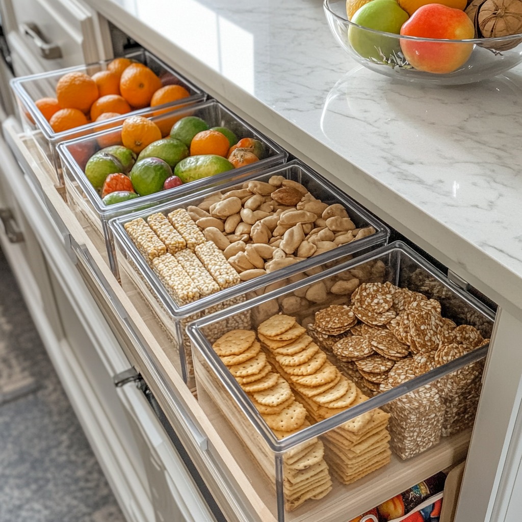 A mini snack station in a lower kitchen cabinet, organized with bins of healthy snacks like granola bars, crackers, and fruit, easily accessible to kids.

