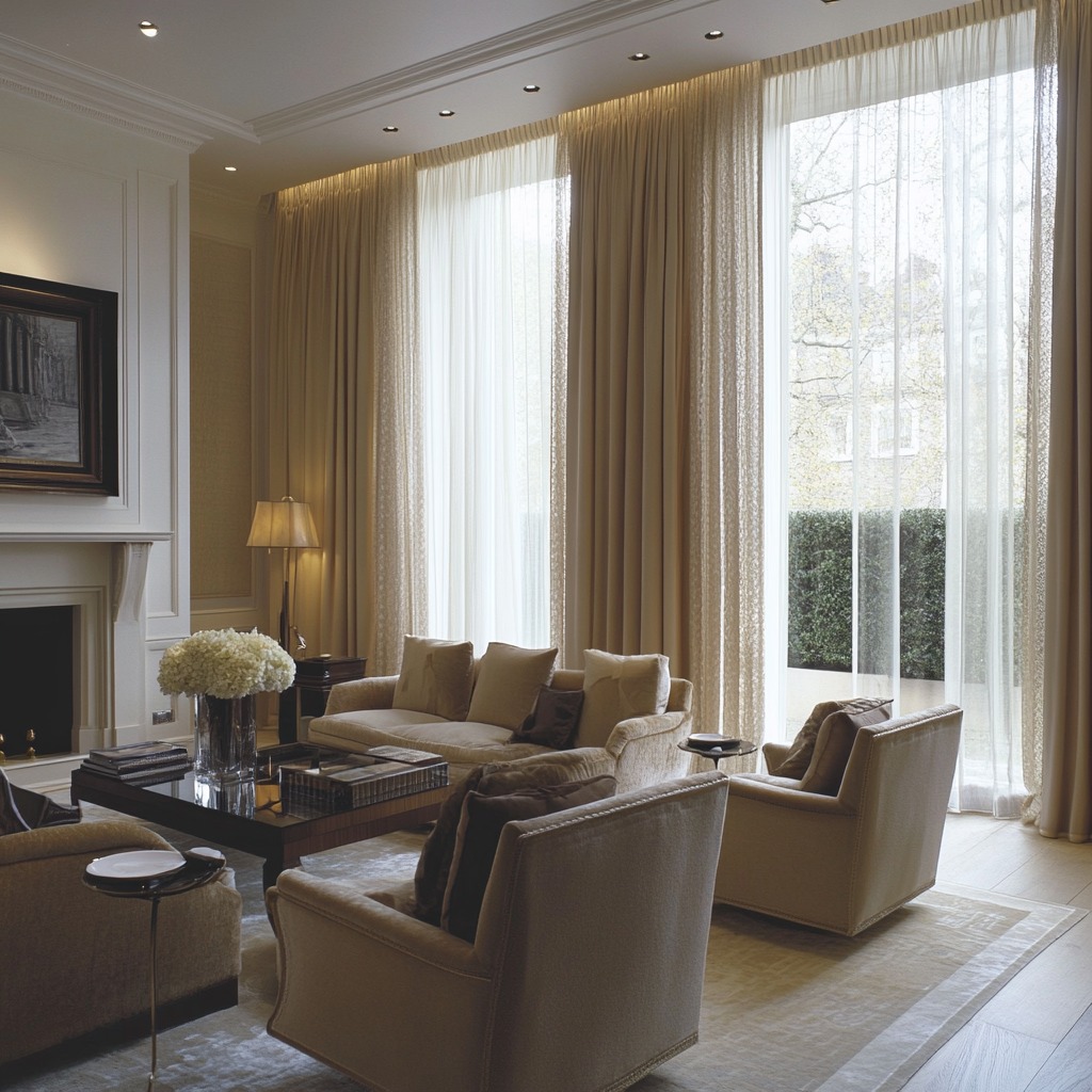 Floor-to-ceiling curtains framing a large window, with sheer curtains underneath, adding both privacy and elegance to the living room.

