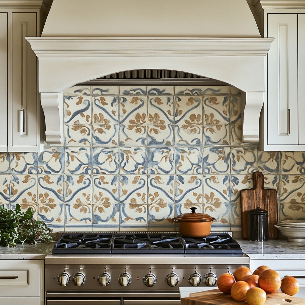 French Country kitchen backsplash with decorative tiles in soft colors.