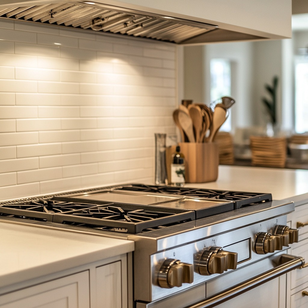 A cooktop with back-facing controls and a stove guard in a family-friendly kitchen, with a clear division between the cooking zone and the rest of the kitchen.

