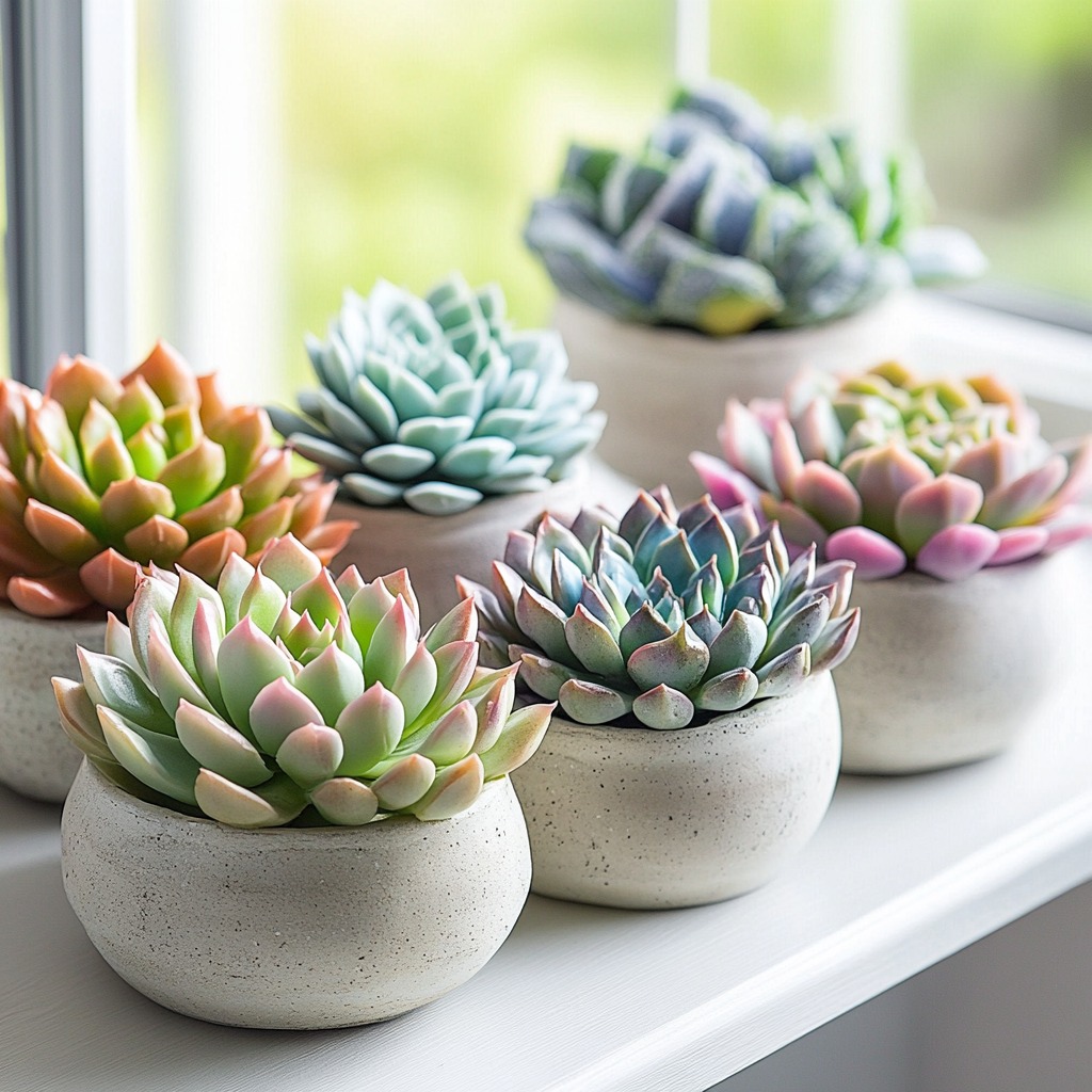 Echeveria succulents in various colors on a windowsill