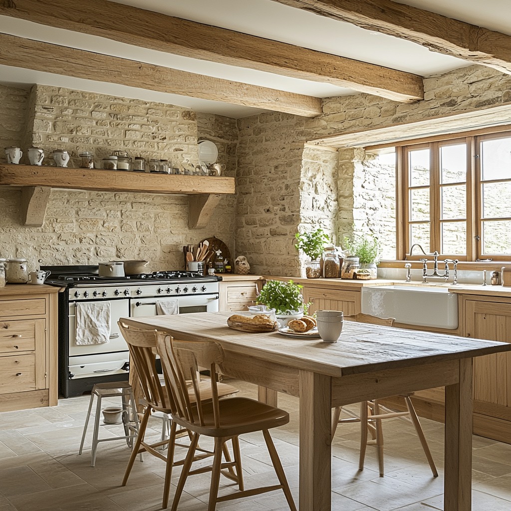 French Country kitchen with exposed wooden beams, oak cabinetry, and a rustic farmhouse table.