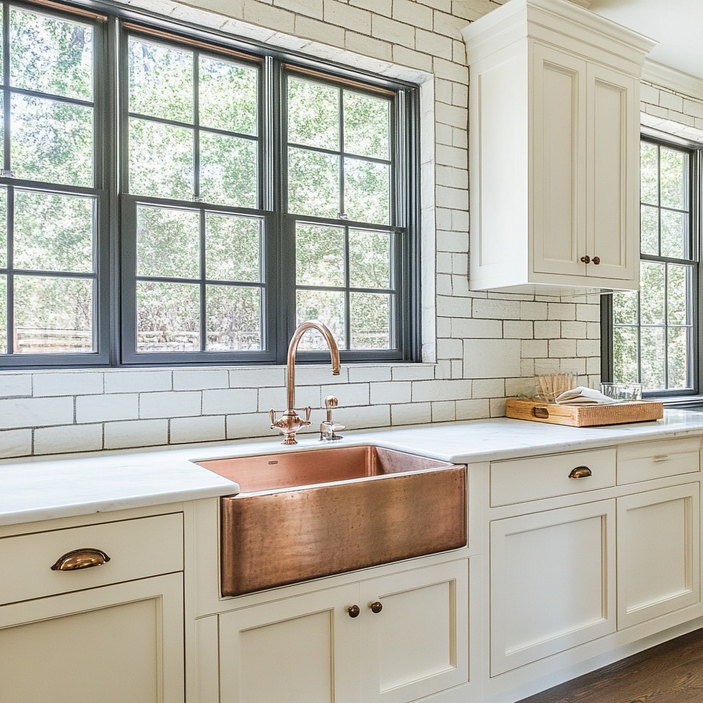 French Country kitchen with a white farmhouse sink and copper accents.