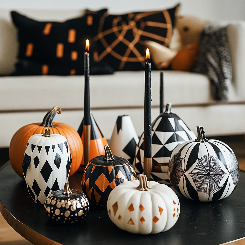 A geometric Halloween display featuring triangular candle holders, geometric-patterned pumpkins, and abstract spider web designs arranged on a coffee table.

