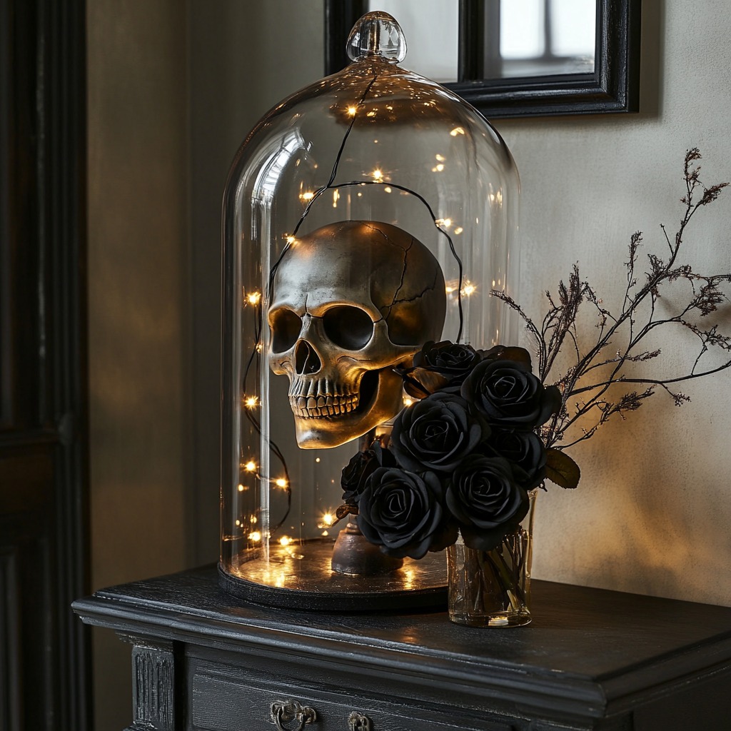 A glass cloche containing a small skull, black roses, and string lights, creating an elegant and mysterious display on a modern side table or entryway console.

