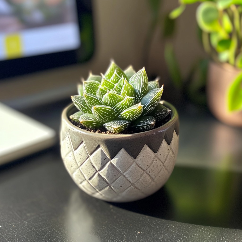 Haworthia succulent in a geometric pot on a desk.