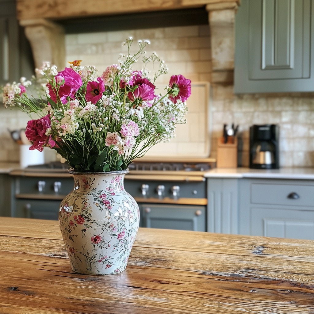 French kitchen with fresh flowers in a vintage vase on a rustic countertop