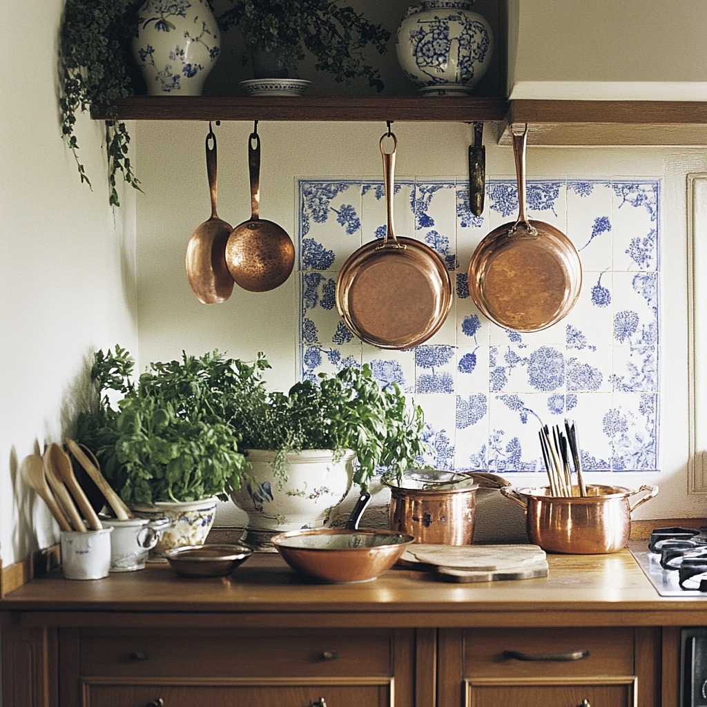 French Country kitchen featuring copper pots and utensils displayed on a ceiling rack.