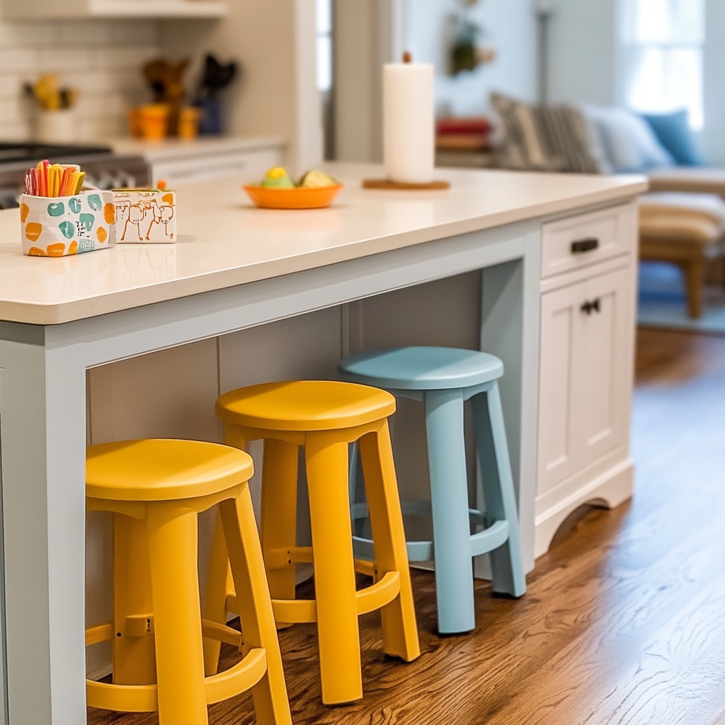 A kitchen setup featuring child-sized stools at the counter, with kid-friendly seating in wipeable material, making snack time fun and easy to clean up.

