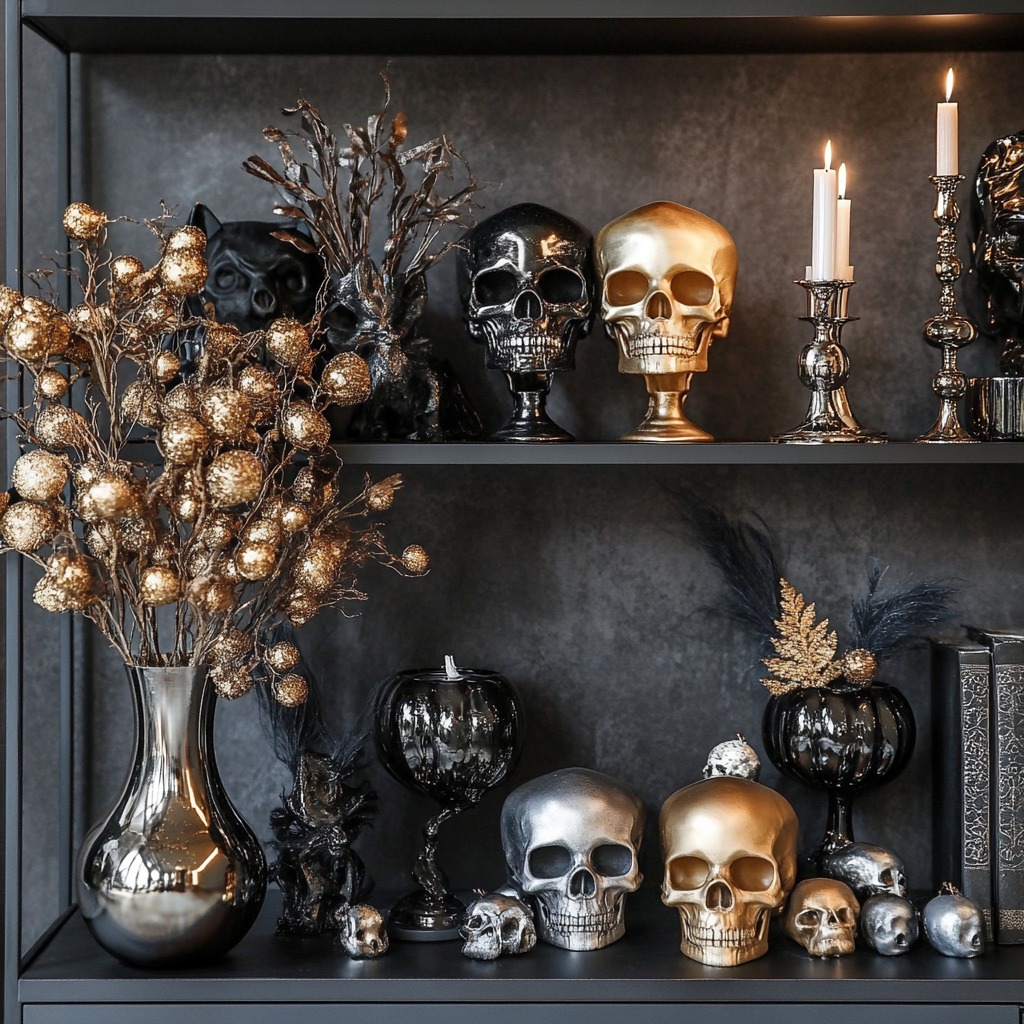 Shelves and tables styled with metallic skulls, candlesticks, and vases in silver and gold, combined with matte black decor elements to create a chic Halloween display.

