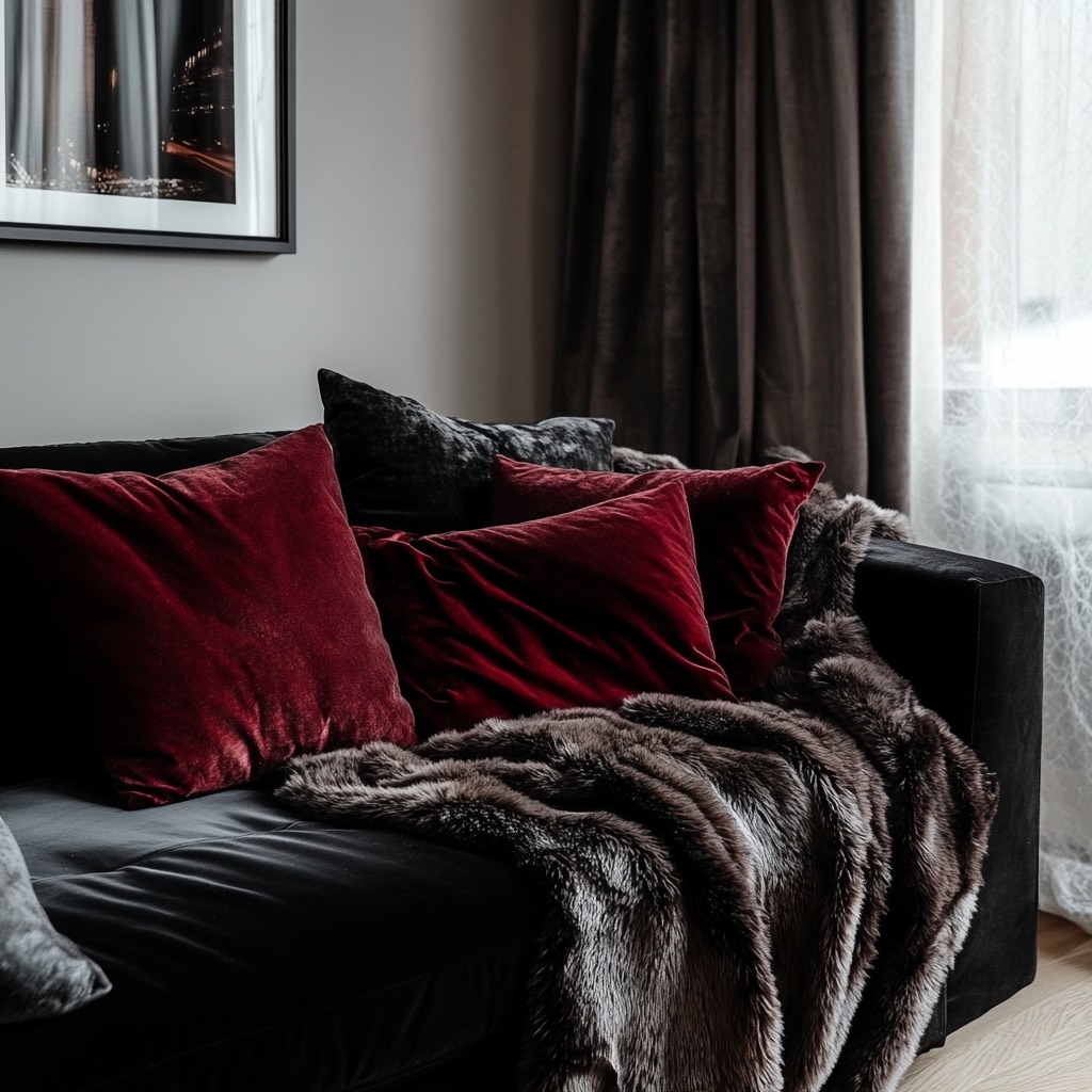 A modern living room with a black velvet throw draped over a sofa, paired with faux fur pillows in dark tones like burgundy and charcoal, creating a cozy and moody atmosphere.

