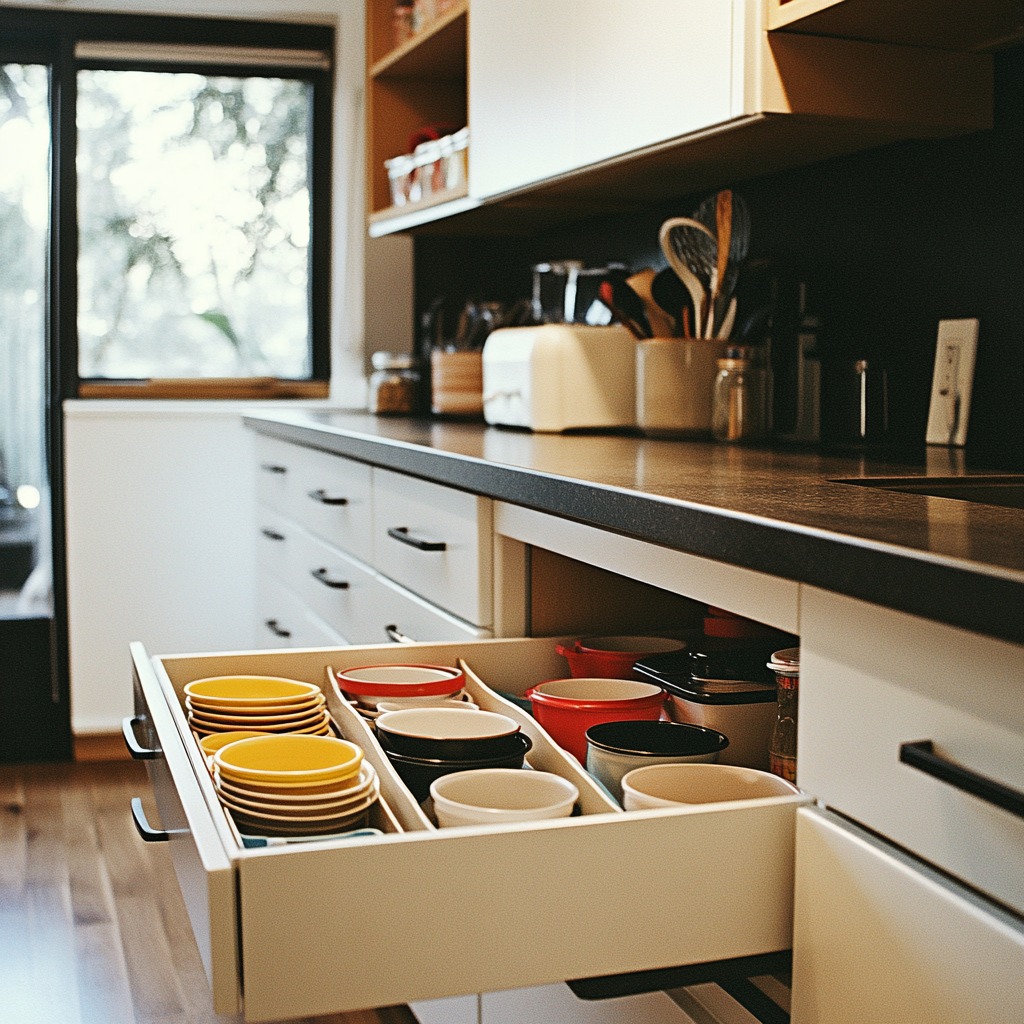 A kitchen with childproof cabinet locks on lower cabinets, while plastic cups and plates are stored in an accessible drawer for kids to reach safely.

