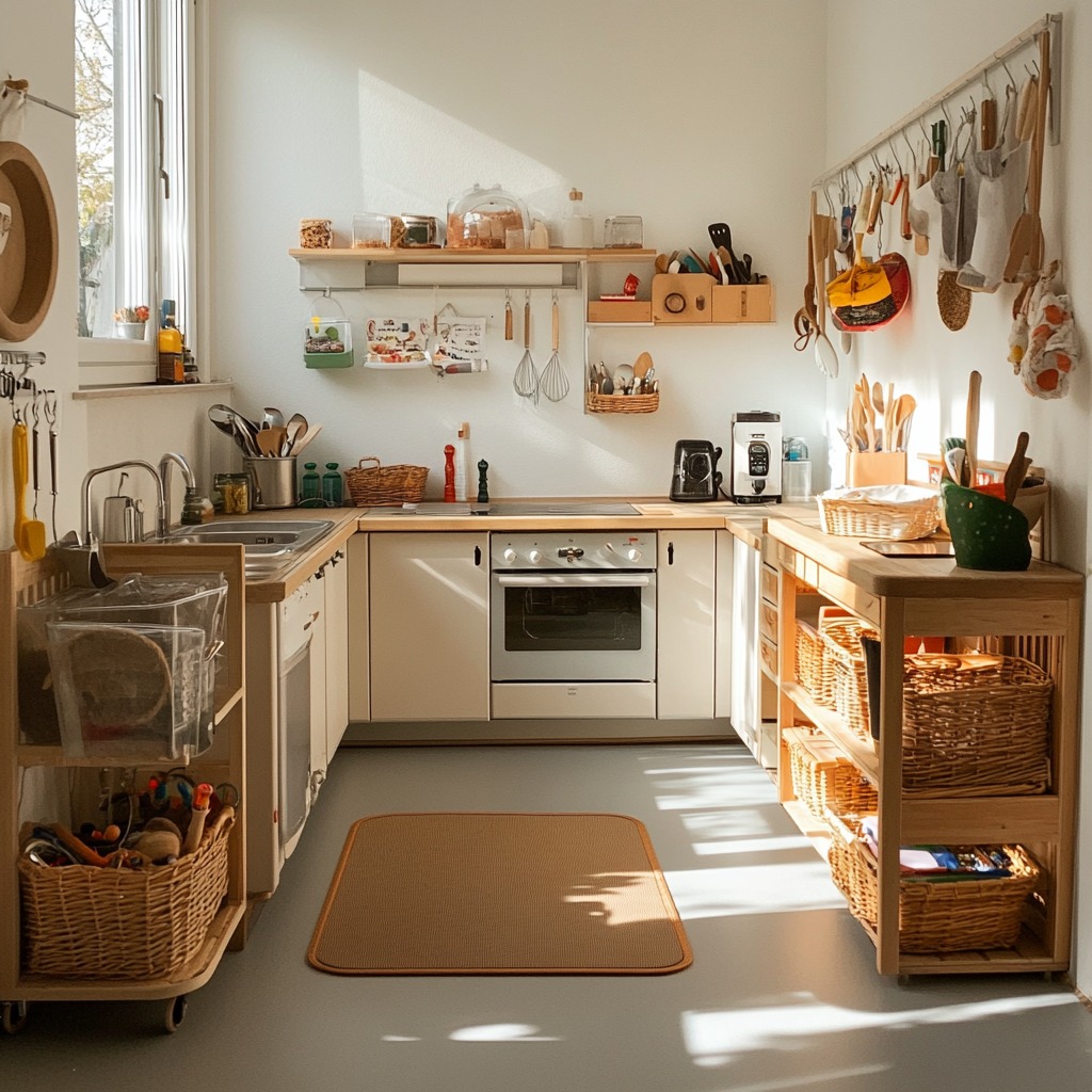 A kitchen with non-slip vinyl flooring and mats near the sink and stove, ensuring a safe environment where children and parents can work together.


