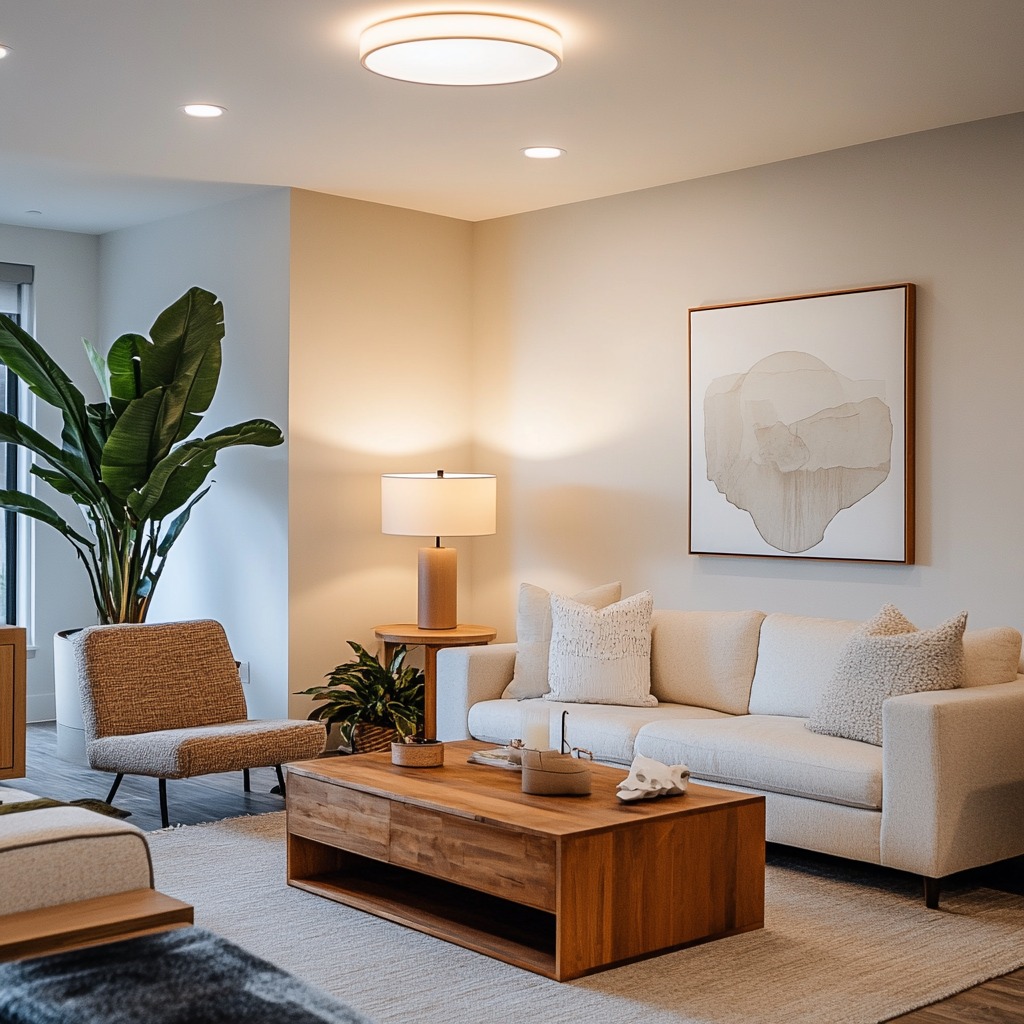 A bright, well-lit living room with a combination of ceiling lights, table lamps, and a floor lamp, creating a warm and balanced lighting atmosphere.

