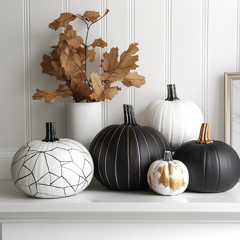 Minimalist pumpkins in solid matte black, white, and gray displayed on a modern mantel or entryway table. Some pumpkins feature simple geometric patterns or metallic accents.

