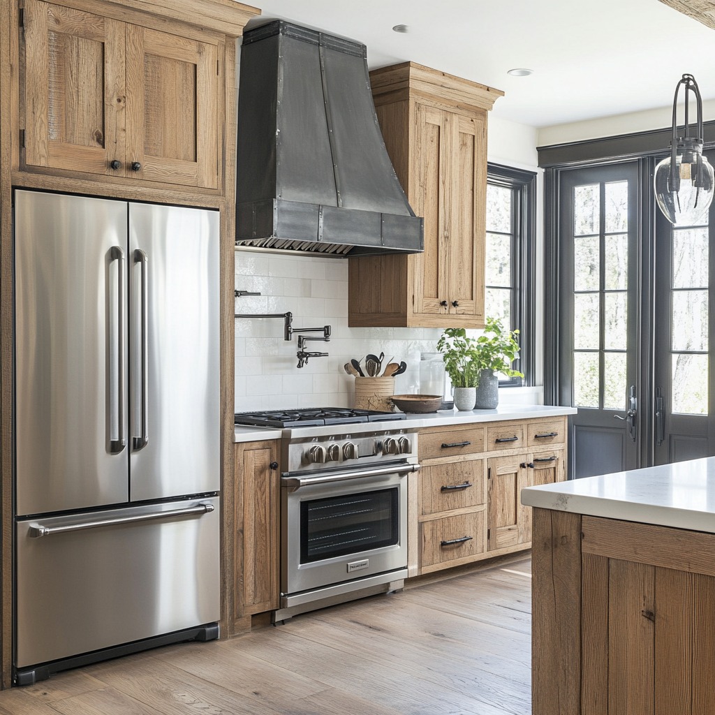 French Country kitchen with rustic cabinetry and modern stainless steel appliances.