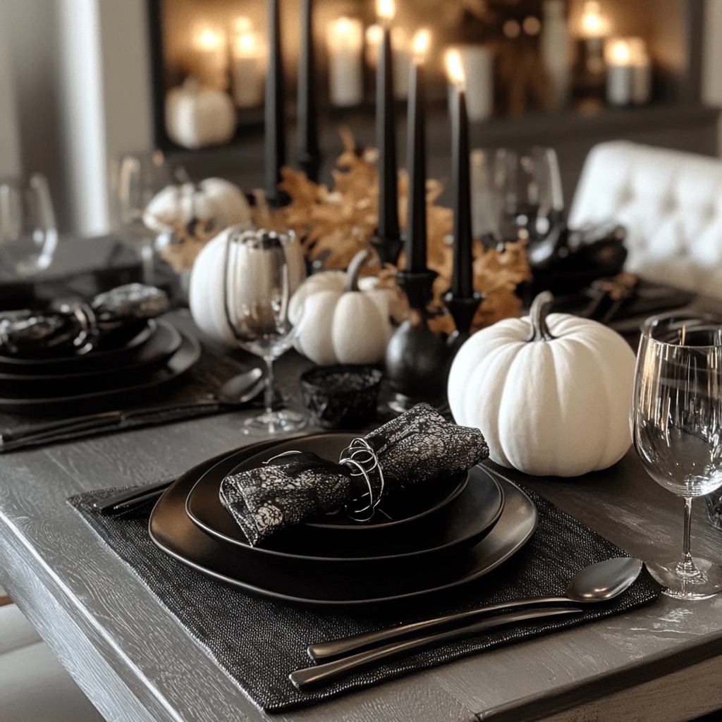 A chic Halloween table setting with matte black dinnerware, silver napkin rings, sleek black candlesticks, and white pumpkins serving as a modern centerpiece.

