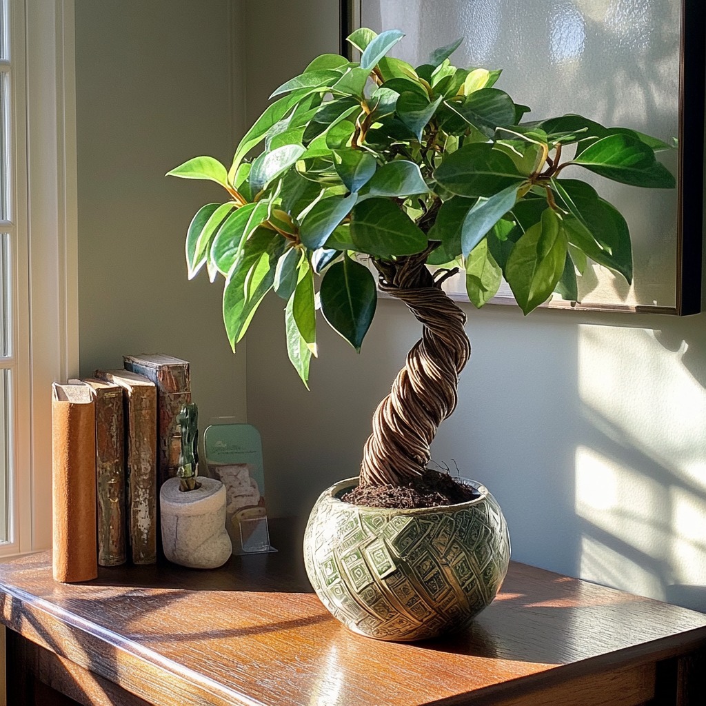 Pet-safe money tree with a braided trunk, adding greenery to a pet-friendly home.