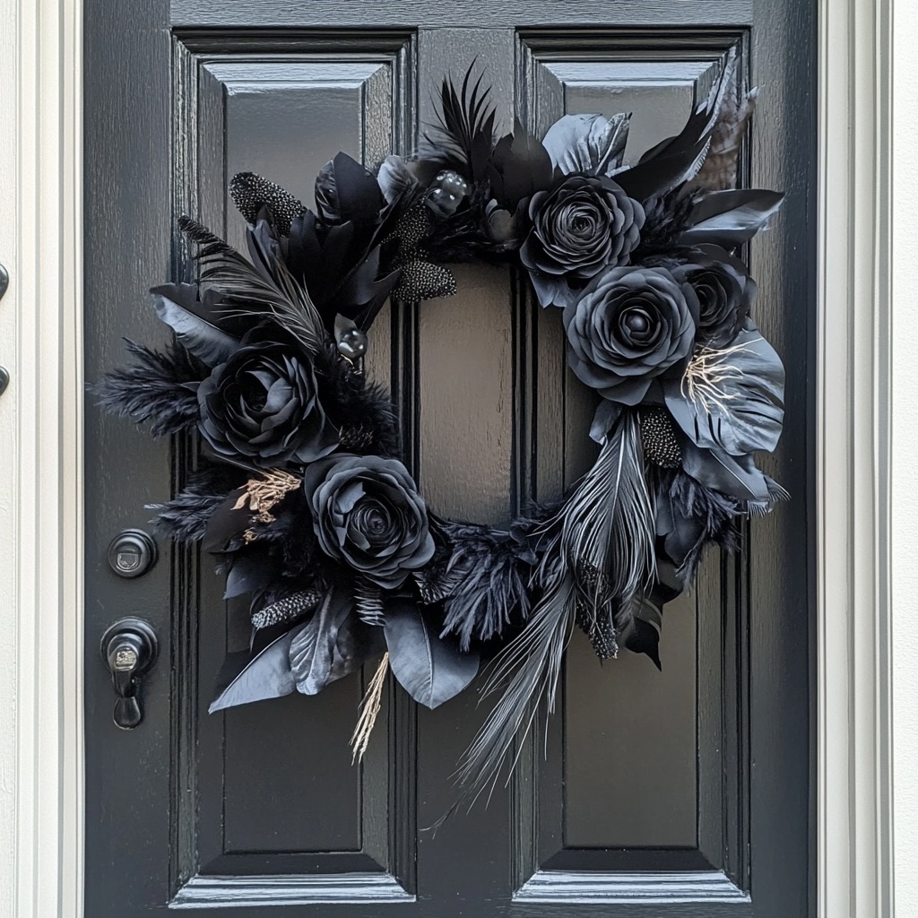 A monochromatic wreath made with black faux flowers and feathers, hanging on a modern front door. The wreath has a dark, moody feel perfect for Halloween.

