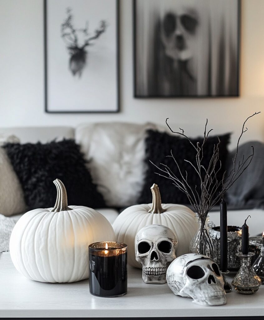 A monochrome-themed living room with black, white, and gray decor. Elegant white pumpkins, black candles, and metallic accents (like silver skulls) are arranged on a minimalist coffee table.

