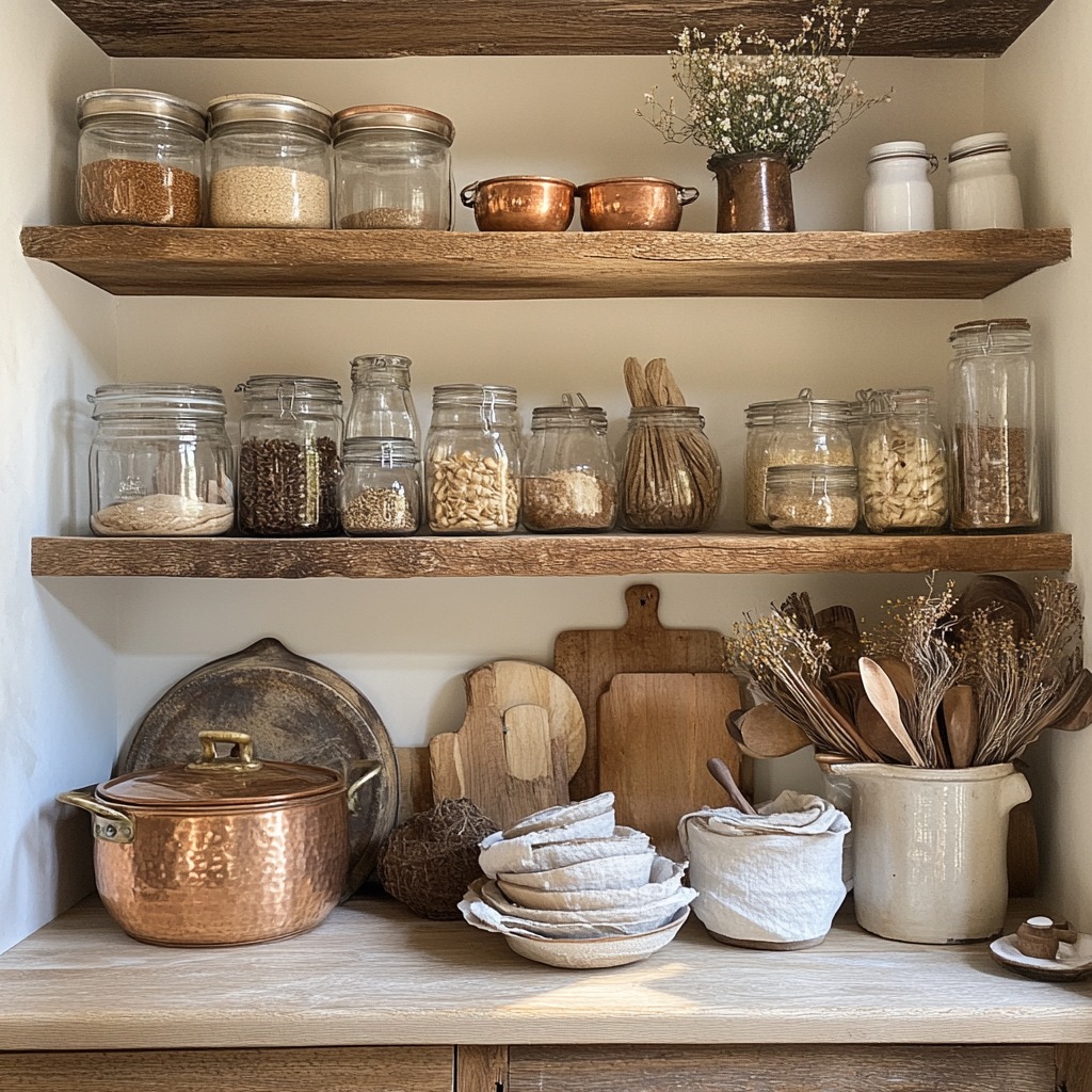 Open shelving in a French Country kitchen showcasing dishware, copper pots, and glass jars.