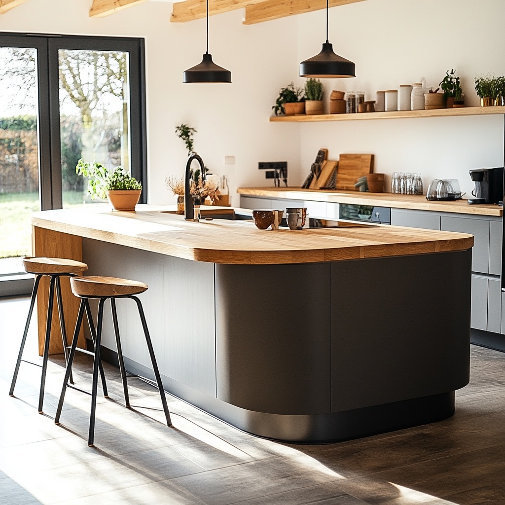 A sleek kitchen island with rounded countertop corners, demonstrating a safe, modern design for families with young children. The kitchen is bright and inviting.

