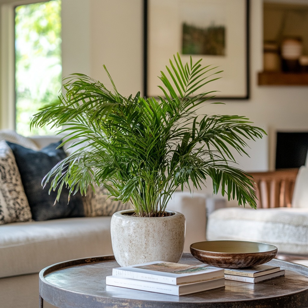 Pet-safe parlor palm with feathery fronds in a well-lit room.