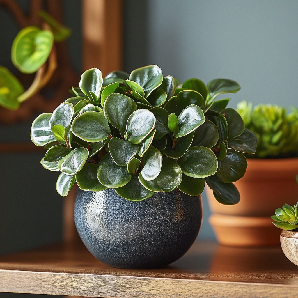 Compact peperomia plant with waxy leaves, safe for pets.