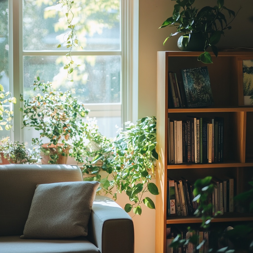 A bright, airy living room with potted plants placed on a bookshelf and in the corner by a window, bringing life and greenery to the space.

