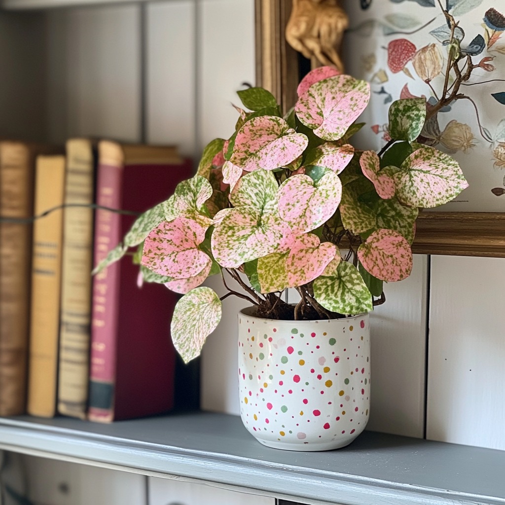 Polka dot plant with pink and green spotted leaves, safe for pets.