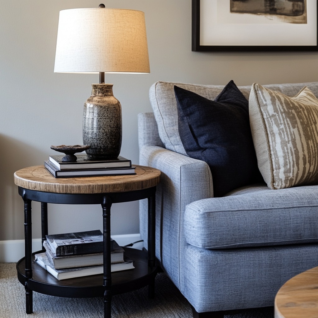 A living room with side tables placed next to the sofa, each with a small lamp, and a couple of books or decor items to show practicality and style.

